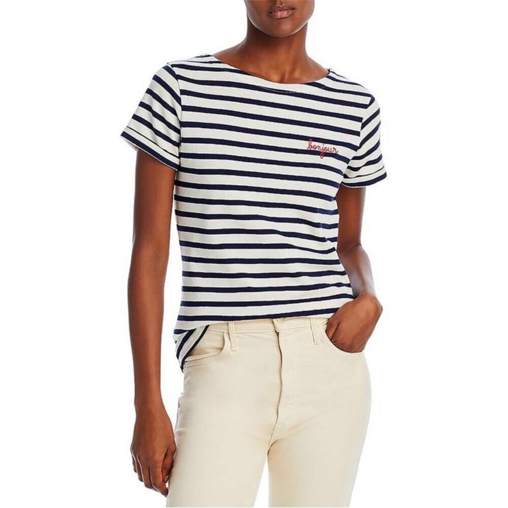 NWT Maison Labiche Folies Bonjour Embroidered Navy Striped Tee T-Shirt Parisian
